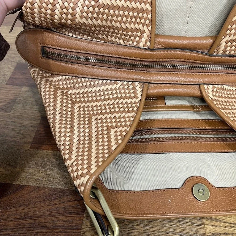 Michael Kors Brooklyn Woven Chevron Leather Shoulder Bag Tan Brown Tassel Hobo